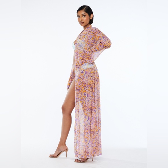 Savage X Fenty Cyber Cat Long Sheer Robe in Purple/Orange Print, SZ XS NWOT 🐱 - Picture 3 of 12